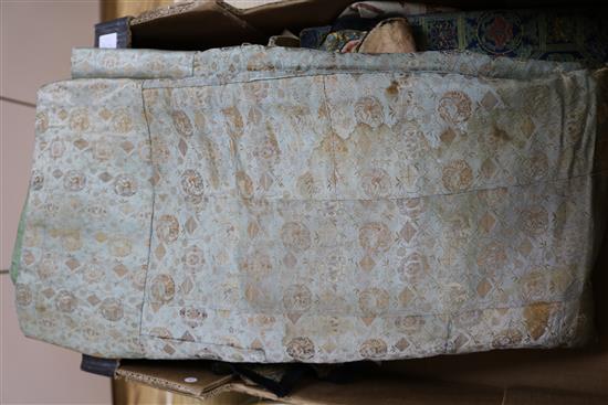 A Chinese embroidered silk and metal thread collar, a sage green brocade panel and other textiles